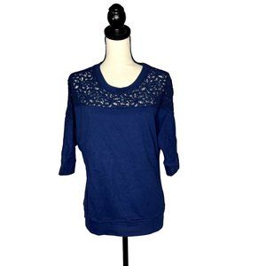 A.n.a. Blue 3/4 Sleeve Lace Yoke Round Neck Cotton-Blend Top Size Small